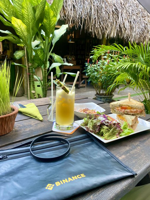 Wooden table in lush green tropical setting under thatched roof with large green plants and potted grass around. Tall glass of yellow iced drink with foam top and two green celery sticks as garnish, placed on round coaster. White plate with green lettuce salad mixed with red tomatoes and dressing. White plate with cut sandwich showing brown bread, green fillings, and tomato slices. Silver fork and knife on green cloth napkin next to glass. Clear glass bottle with yellow liquid and green cap beside. Black zip bag with white Binance logo and yellow emblem on table edge.