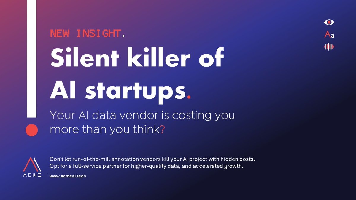 AcmeAIx's tweet image. 📢 NEW INSIGHT 🚨 World-class #AI can’t run on bargain-bin data. Hidden #costs, poor #annotations, and burned-out engineers are silent killers that propagates an unscalable #DataPipeline. Turn data ops into a growth engine 👉 tinyurl.com/48uyjyzb
