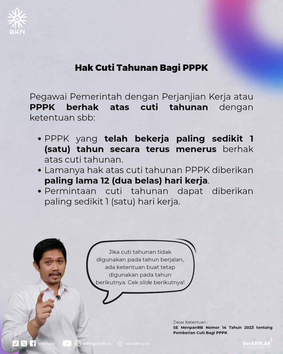 BKNgoid's tweet photo. Emang iya kalau PPPK tidak menggunakan hak cuti tahunan sebelumnya masih bisa digunakan tahun berikutnya? 

Makanya jangan lewatkan info singkat, Sul berikut.

Swipe sampai habis 🙌 https://t.co/yxo1FUfHfd