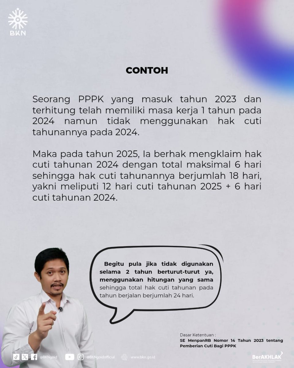 BKNgoid's tweet photo. Emang iya kalau PPPK tidak menggunakan hak cuti tahunan sebelumnya masih bisa digunakan tahun berikutnya? 

Makanya jangan lewatkan info singkat, Sul berikut.

Swipe sampai habis 🙌 https://t.co/yxo1FUfHfd