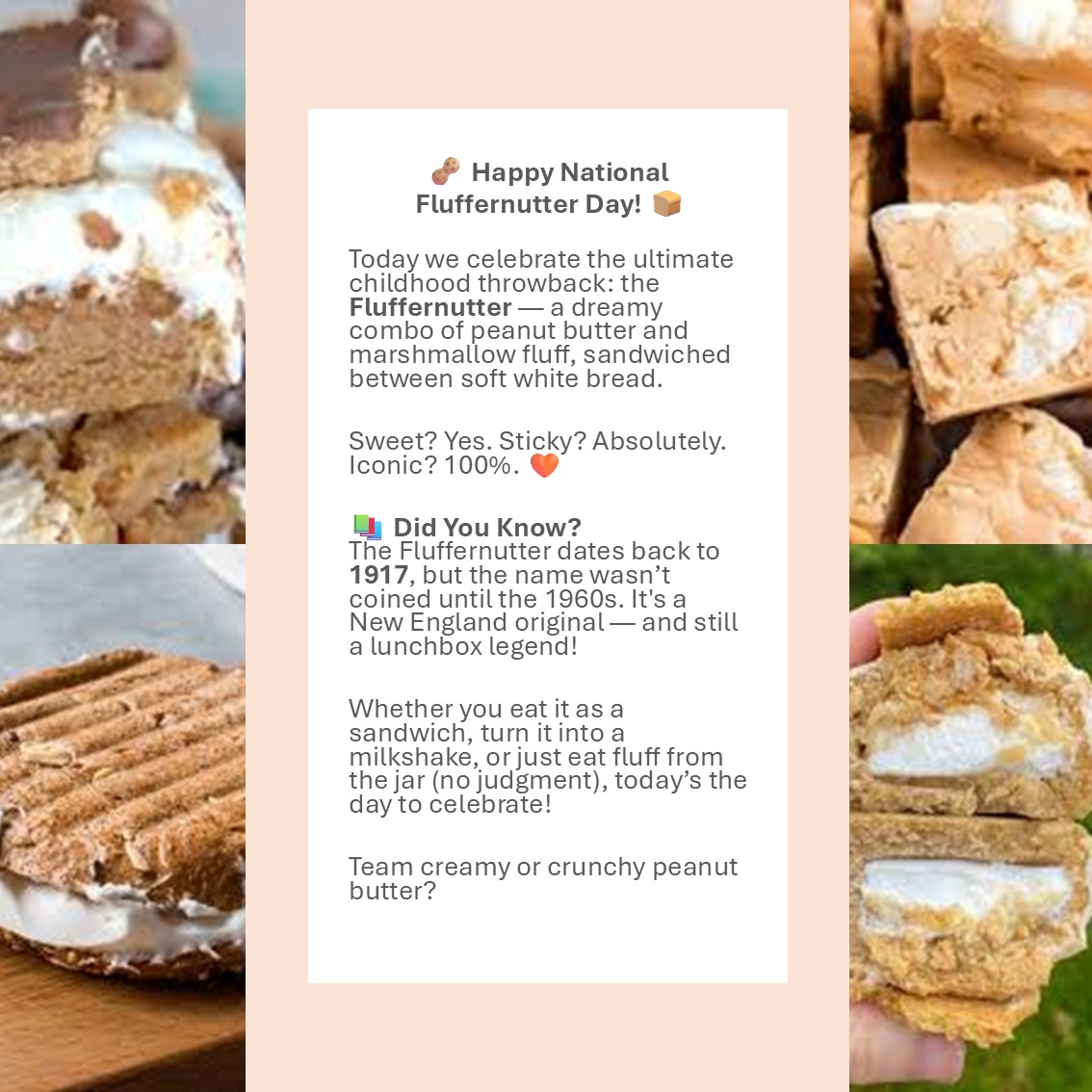 DynamikoFoodIng's tweet image. The Fluffernutter! A sticky-sweet classic that deserves its own celebration, and it has one — October 8 is National Fluffernutter Day!

#NationalFluffernutterDay #FluffernutterLove #StickySweet #PBandFluff #ChildhoodSnacks