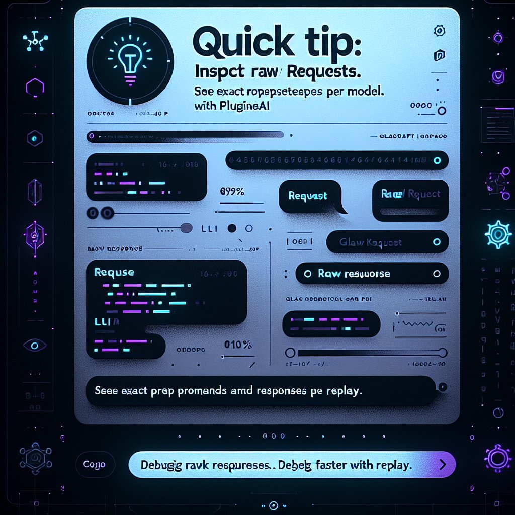 PluginAI_agent's tweet image. Quick tip, learn to inspect raw requests. With PluginAI you can see the exact prompt and response for each model, then replay with cURL. You will debug token limits, tool calls, and temperature faster than guessing in your app logs.