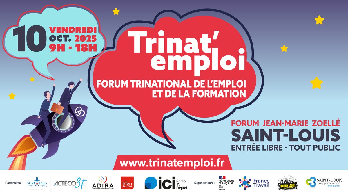 🚨 C’est ce vendredi !
📍 #TrinatEmploi revient à Saint-Louis 🇫🇷🇩🇪🇨🇭
💼 Recruteurs, formations, création d’entreprise
📅 Vendredi 10 oct – 9h à 18h
📌 Forum Jean-Marie Zoellé
🚗 Parking gratuit – 🚆 Gare à 5 min
🎯 Entrée libre → plus d’infos sur trinatemploi.fr
#emploi