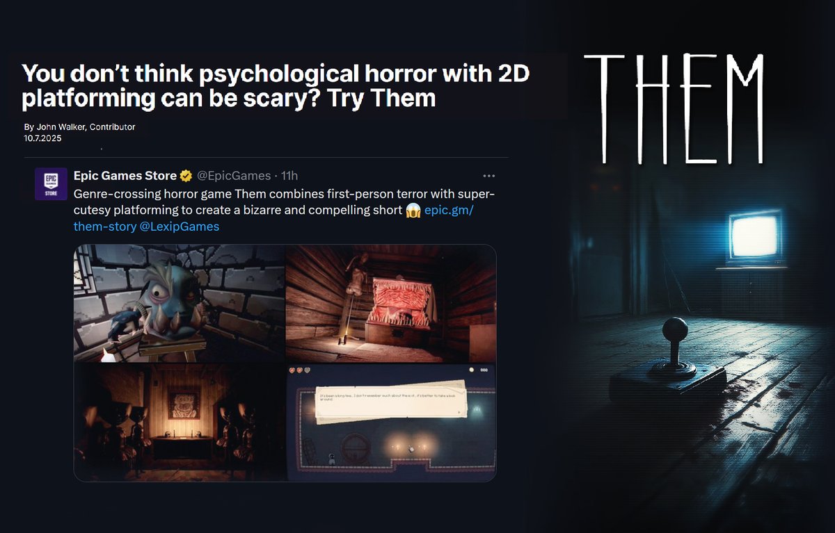 It's so exciting when you realize that <a href="/EpicGames/">Epic Games Store</a>  has featured your new game in their tweet! 🤩 If you'd like to know more about our recent game, you can read John Walker's article 🙏🔥

epic.gm/them-story

#indiedev #indiegames #epicgames #game #PCGamer #HorrorGaming