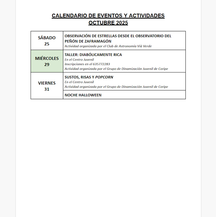 AytoCoripe's tweet photo. ‼ Publicado el calendario de actividades para este mes de Octubre ‼

+info: https://t.co/qed6jZZxzl

#octubre2025 #viaverdedelasierra #oktoberfest #Halloween #díamundialdelasbibliotecas https://t.co/LUG8TvxThG
