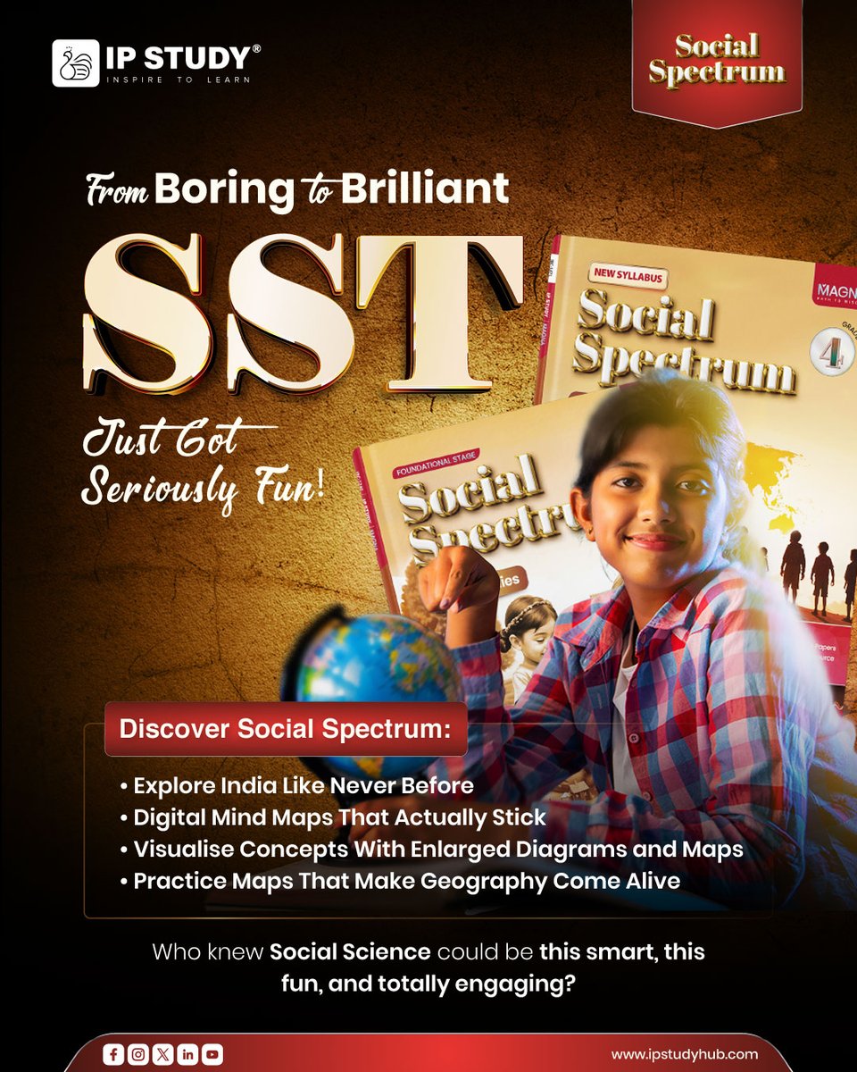IPStudyWorld's tweet image. Meet Social Spectrum Series, not just a subject, but a reflection of our history, geography, and global dynamics!

IP Study makes learning engaging, visual, &amp;amp; comprehensive, starting today!

#SocialSpectrum #IPStudyhub #FunLearning #DigitalMindMaps #SSTMadeEasy #LearnWithIPStudy