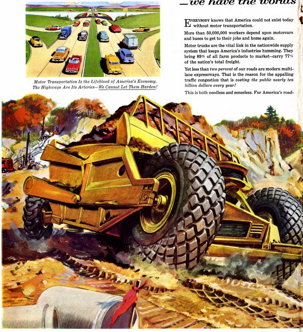 LRonLacy's tweet photo. Goodyear. ATA Foundation. Illustrator unknown.
*The Saturday Evening Post*, October 8, 1955
#interstatehighways #highwayconstruction #heavyequipment #Goodyear #ATA #trucking #trucking https://t.co/DXHqG4tT3N