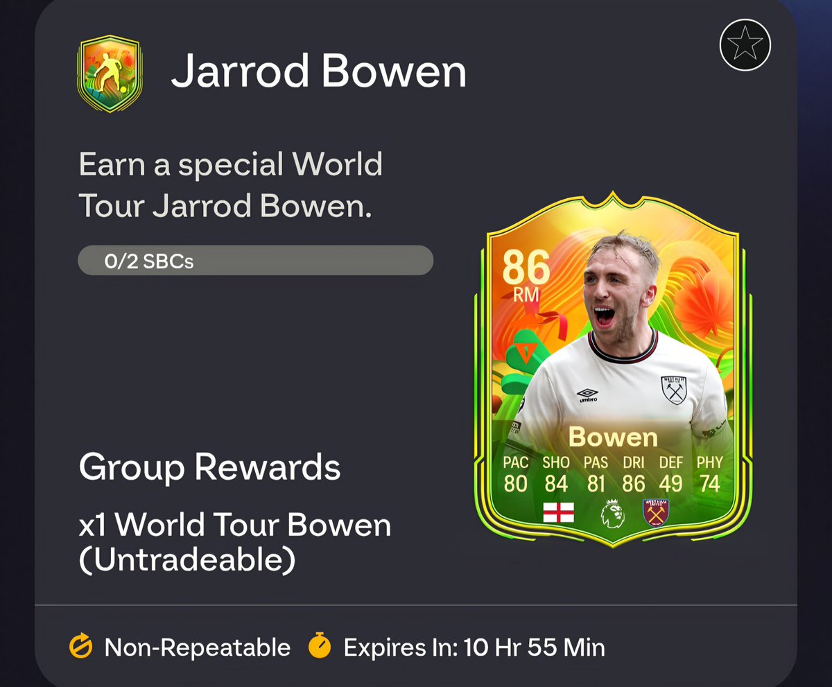 MR_SM96's tweet photo. Is the Jarrod Bowen SBC worth doing? 

#FC26 #SBC #ultimateteam https://t.co/pZbzvR0HoR