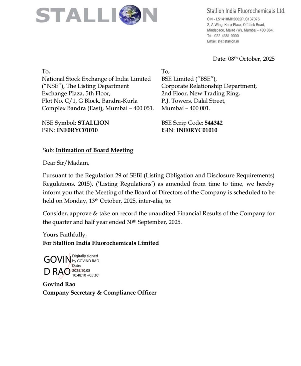 ManojSh52935210's tweet image. Stallion India Fluorochemicals Ltd. 🧪

📌Board Meeting scheduled on 13th Oct 2025 🗓️
Agenda: To consider &amp;amp; approve unaudited financial results for
📊 Q2 &amp;amp; H1 FY25 (ended 30th Sept 2025).

(Source: Exchange filing)

#StallionIndia #ResultsUpdate #ChemicalStocks