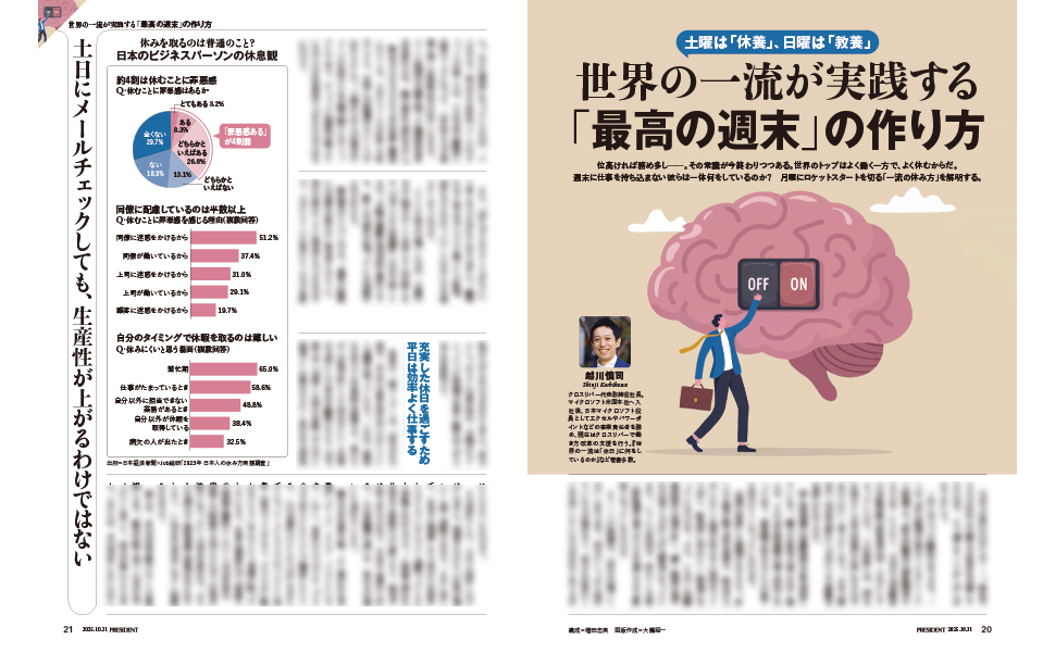 世界の一流が実践する「最高の週末」の作り方●越川慎司（<a href="/shinjiko9/">越川慎司📙18万部『世界の一流は「休日」に何をしているのか』著者</a>）

✅充実な休日のため平日に効率よく働く
✅一流は休日に「自己効力感」を高めている
✅松下幸之助も推奨「土曜と日曜の役割分担」

10/10（金）発売プレジデント10/31号『世界最強の「休み方」』に掲載 amazon.co.jp/dp/B0FS2DZ76M/…