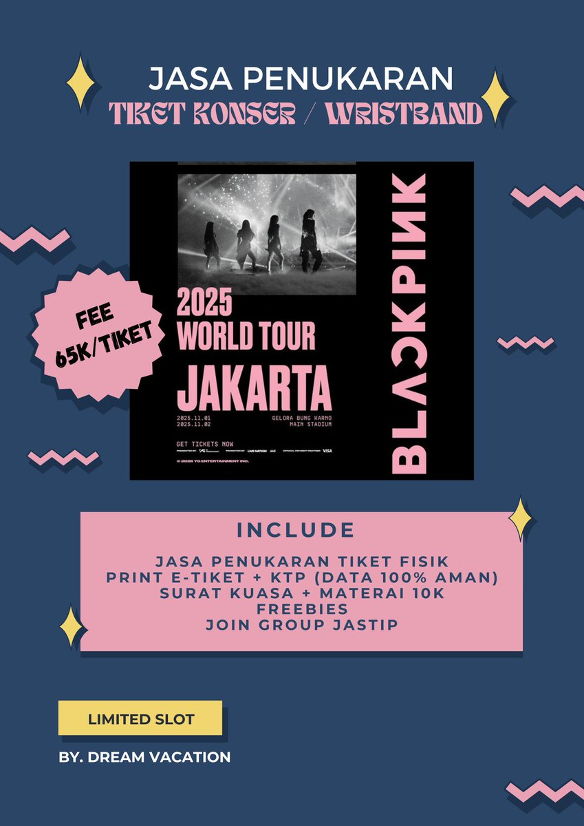 🌸 OPEN JASTIP PENUKARAN TIKET BLACKPINK DEADLINE IN JAKARTA 🌸

✅ Terima beres tiket fisik
✅ Include surat kuasa + materai
✅ Join grup WA
✅ Dijamin 1000% trusted
✅ Data aman

💸 Fee Jastip : 65.000/tiket
Ketemu di venue saat hari H konser

#BLACKPINK_DEADLINE_IN_JAKARTA