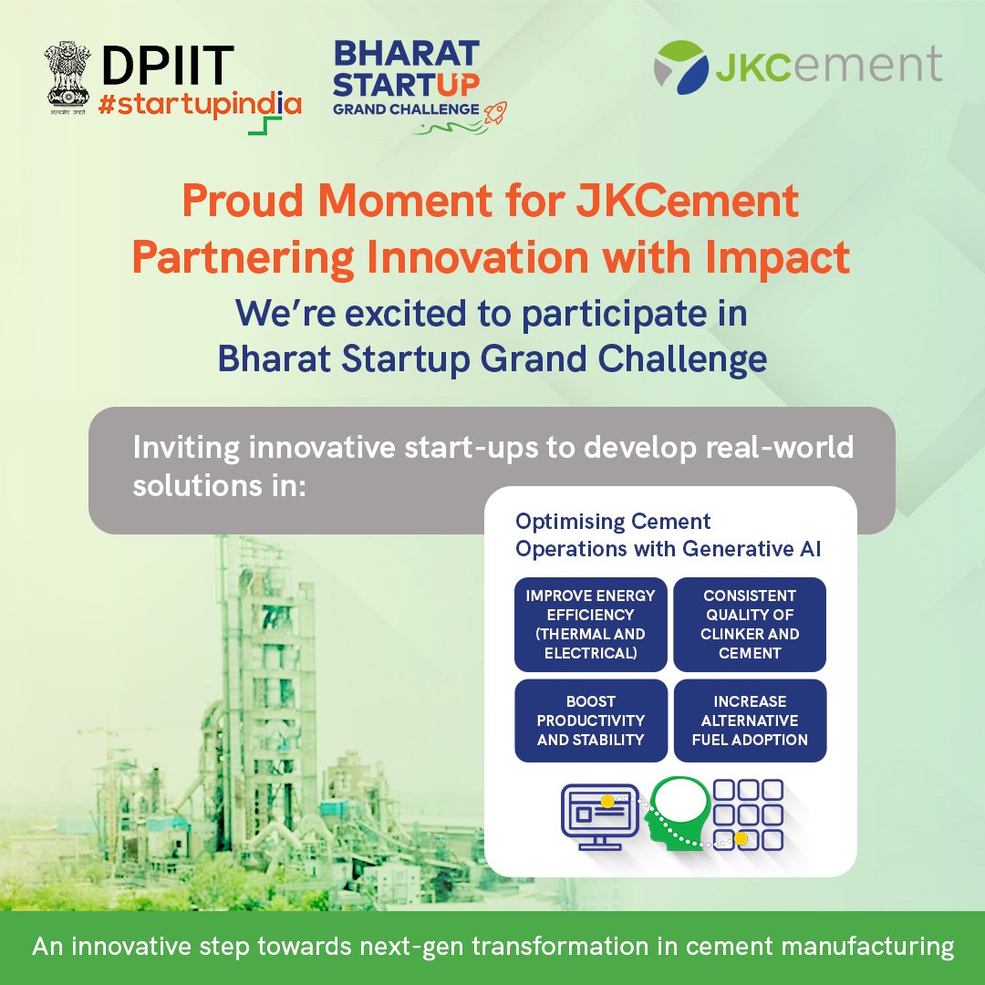 startupindia's tweet image. Calling all innovators!
The Startup Challenge for Cement Manufacturing is here!
JKCement in collaboration with Startup India, DPIIT presents the Bharat Startup Grand Challenge- “Optimising Cement Operations with Generative AI”
Can you give solutions for -
- Variability in…