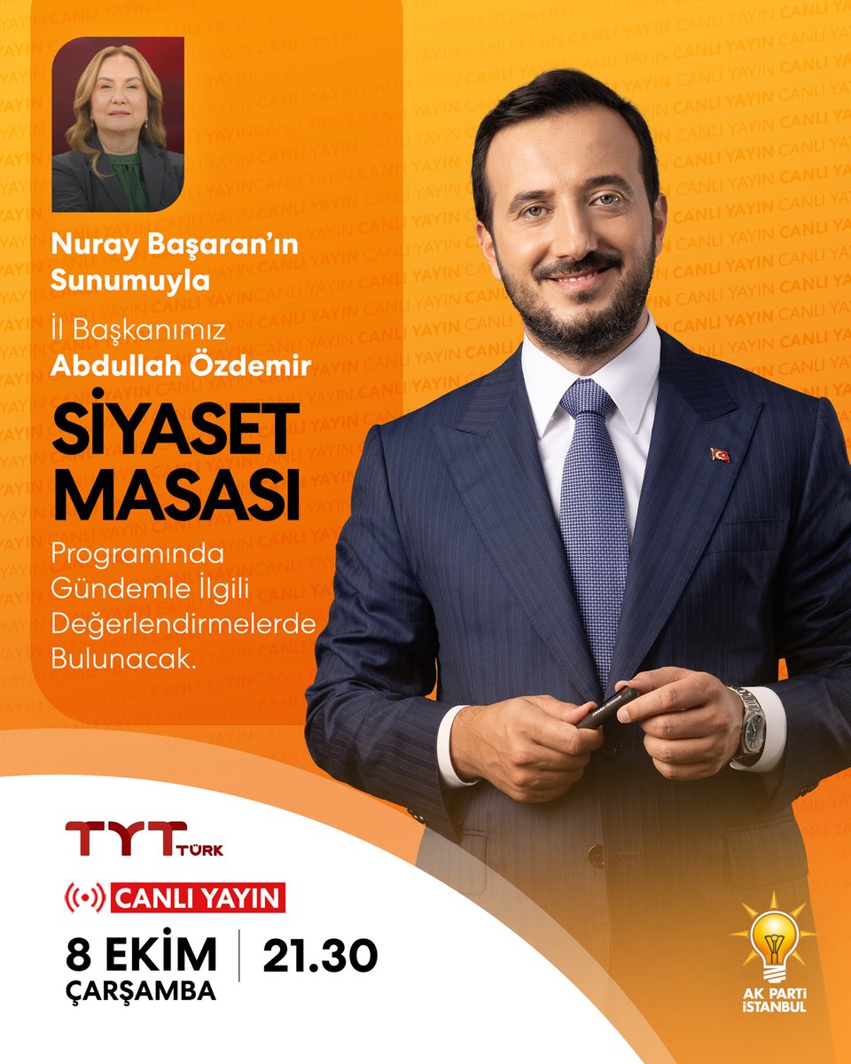 İl Başkanımız <a href="/abdullahozdemir/">Abdullah Özdemir</a>, bu akşam (8 Ekim Çarşamba) saat 21.30'da TYT Türk’te Nuray Başaran'ın sunduğu Siyaset Masası programının konuğu olacak.