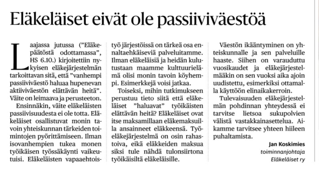 HS:n Mielipide-palsta 8.10.2025.
Niin totta.
#akiivisetikäihmiset #vapaaehtoistyö