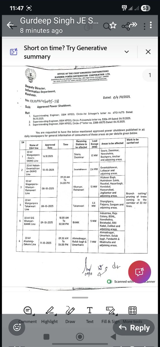 Approved shutdown taken on 33kv wanganpora khanyar rainawari line and 33kv wanganpora bamk takenwari line for carrying out branch cutting