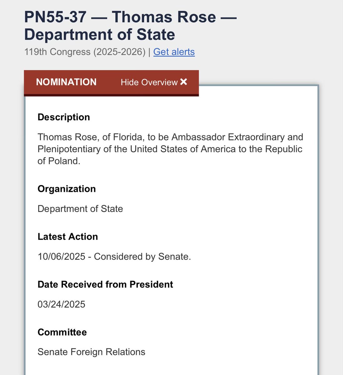W Senacie była potrzebna „opcja nuklearna” (zmiana zasad regulaminu zwykłą większością - sposób na ominięcie fillibustera Demokratów) - i mamy kolejny, duży, pakiet zatwierdzonych nominacji.

W tym: Ambasadora do Polski Thomasa Rose’a (więcej o nim w cytowanym wątku) ⬇️