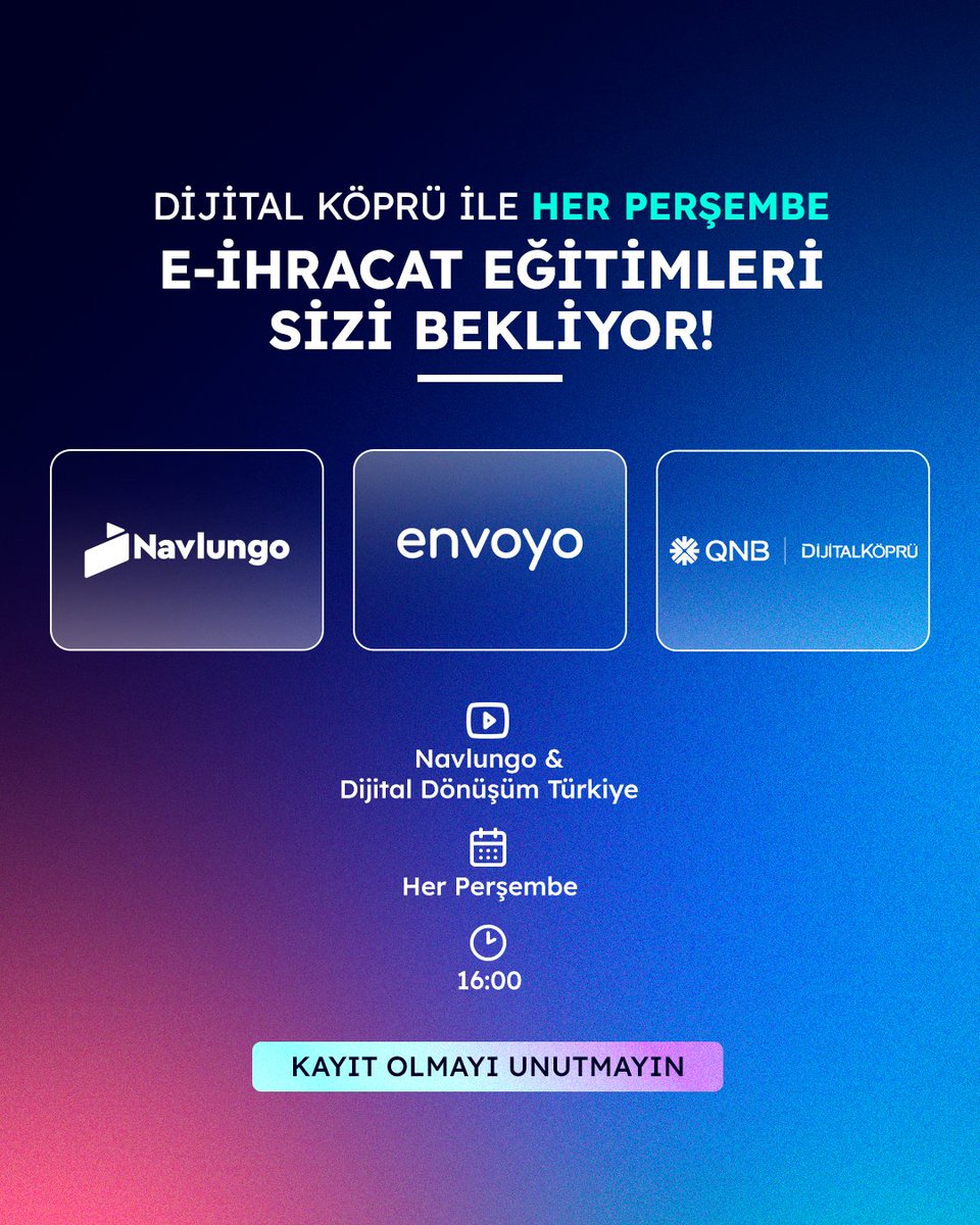 "Envoyo, QNB Dijital Köprü ve Navlungo" iş birliğiyle hazırlanan haftalık ve ücretsiz e-ihracat eğitim programına davetlisiniz! 🙌 

Bu haftanın konu başlığı;
E-İhracat 101: Haritayı Aç, Rotayı Çiz
🔹E-ihracat Temelleri
🔹Pazar ve Ürün Stratejisi
🔹İlk 30 Gün Planı
🔹Hata Analizi