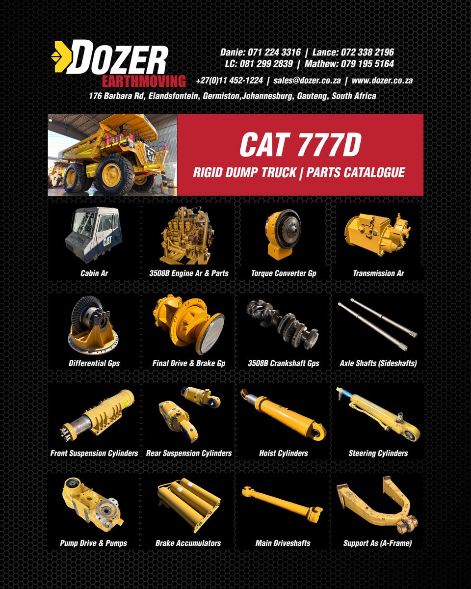 COMPONENTS &amp; PARTS IN STOCK ‼️
CAT 777D Dump Trucks now dismantling for Spare Parts &amp; Components… ⚙️
Various Good Used &amp; Fully Reconditioned OEM CAT 777D Components &amp; Parts readily available in stock for resale right away! 🚨
+27 (11) 452-1224 📞/ info@dozer.co.za 📧
*
*
*
*
*