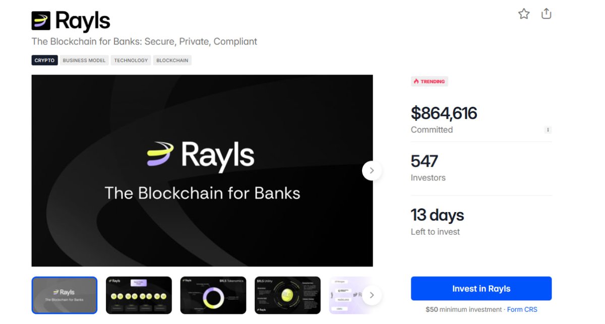 Public sale :

<a href="/RaylsLabs/">Rayls</a> public sale are live guys ,You can join there [DYOR].
Already $864616 comitted and 547 investors joined there , if you want to join still have 13 days Left .
Join Link : republic.com/rayls