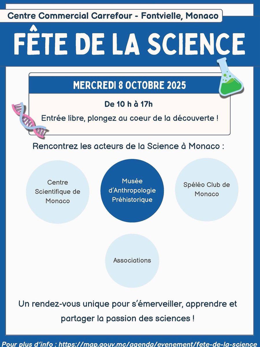 🎉 Fête de la Science 2025 🔬
📅 Rendez-vous demain le 8 octobre de 10h à 17h 
📍 Centre commercial de Fontvieille – Carrefour
👨‍👩‍👧‍👦 Entrée libre et gratuite pour tous !
Venez éveiller votre curiosité et partager le goût de la découverte 🔎✨
#FêteDeLaScience #Monaco #Fontvieille