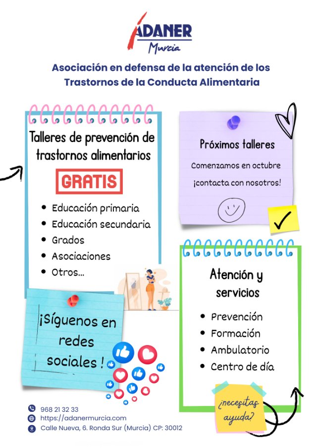 InformajovenMur's tweet photo. 🤩Conoce los #talleres y #servicios de ADANER Murcia: Asociación de ayuda para #Trastornos de #Conducta #Alimentaria
#Murcia #jóvenes #Juventud
Consulta ➕información 👇
https://t.co/LZRHf5JC0M https://t.co/FoJa15nJjA
