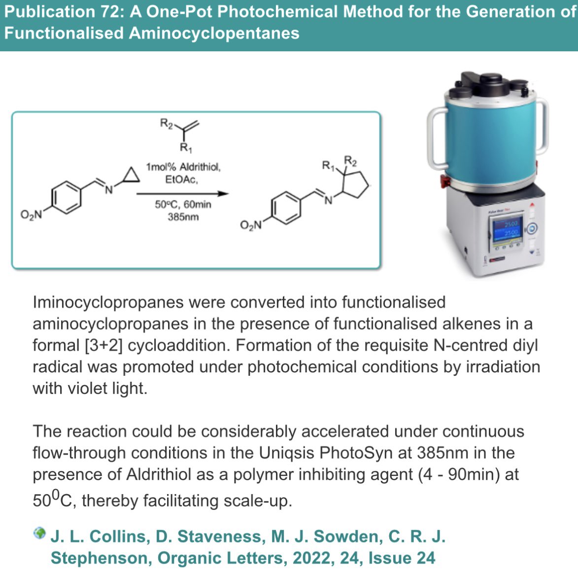 KerryScientific's tweet image. What happens when iminocyclopropanes meet functionalised alkenes, under violet light, using @Asynt’s PhotoSyn reactor?
pubs.acs.org/doi/10.1021/ac…
#FlowChemistry #Photochemistry #ContinuousFlow #RealTimeChem