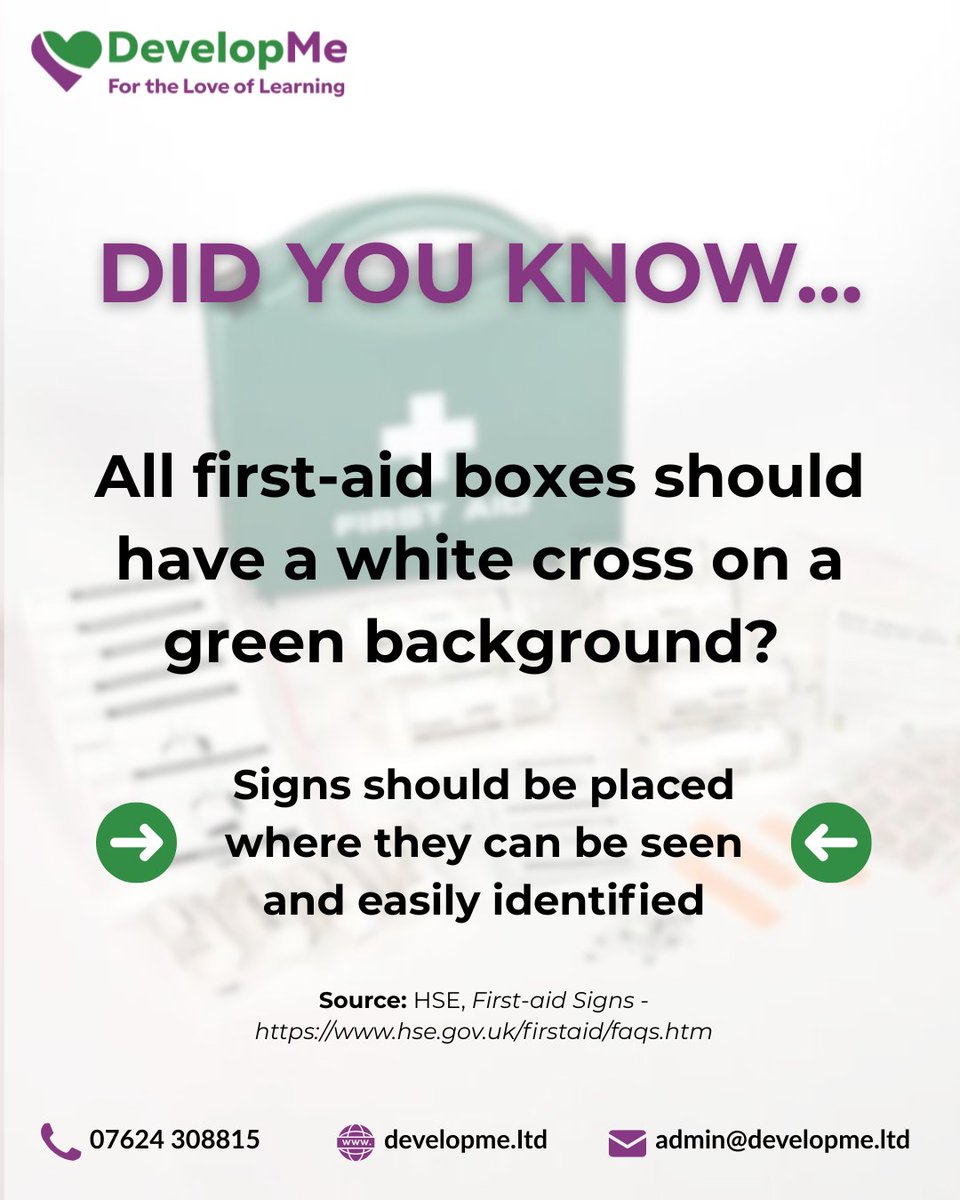 developmeltd's tweet image. Did you know...
All first-aid boxes must have a white cross on a green background and be clearly visible! Make sure everyone can find help quickly when it's needed. ✅
#FirstAid #WorkplaceSafety #DevelopMe #SafetyFirst