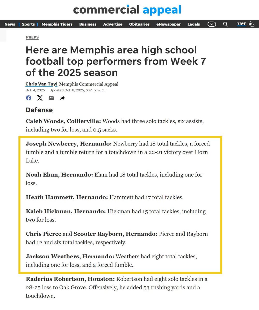 Congratulations to Hernando Tigers Joseph Newberry, Noah Elam, Heath Hammett, Kaleb Hickman, Chris Pierce, Scooter Rayborn and Jackson Weathers on being named Top Performers by The Commercial Appeal this week! 
#NNEQ
#TigerPride
