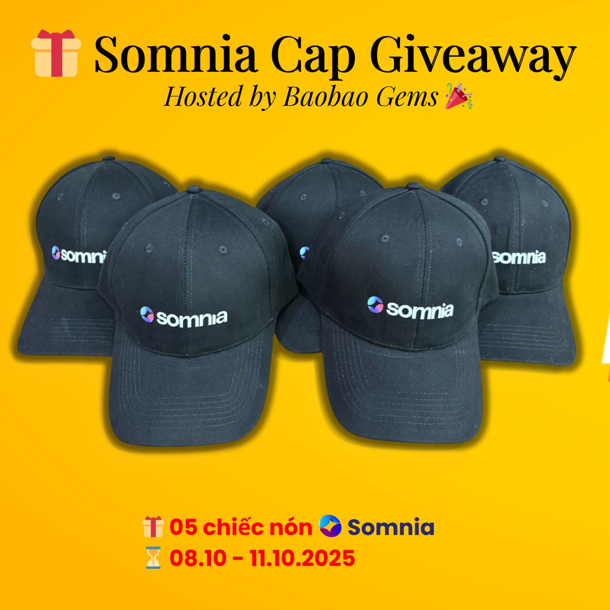 baobao_gems's tweet photo. 🎁 GIVEAWAY TẶNG NÓN SOMNIA – NHẸ NHÀNG CHO GIẤC MƠ ONCHAIN

🎁 Mình đang có 5 chiếc nón Somnia xịn xò từ #TOKEN2049Singapore, muốn tặng lại cho anh chị em cộng đồng, chỉ cần:
1⃣Follow mình: @baobao_gems 
2⃣❤️ + 🔁 Retweet bài viết này
3⃣Comment giấc mơ của bạn khi tham gia Web3 của bạn và tag 1 người bạn

🧢 Mình sẽ chọn 5 bạn ngẫu nhiên làm đúng các bước để tặng nón Somnia vật lý – đẹp xịn, đội chill phết! 
🏃‍♂️Đi offline Somnia tha hồ được nhận diện và có câu chuyện  để nói, cày role cũng dễ lên hơn rất nhiều!

🥳 Mơ chưa đủ, phải đội nón để mộng mơ hơn 😆 Biết đâu sắp tới Somnia có đợt điểm danh “nón thủ” thì sao?

⏰ Hạn tham gia: Tới hết 19h00 ngày 11.10.2025
📦 Mình sẽ gửi tận tay, không thu phí, chỉ cần bạn để lại giấc mơ ✨

Ảnh 2: Ảnh mình chụp cùng @murmurnika_ để xác nhận quà này là chính hãng nha 😆
@Somnia_Network @0xPaulThomas @Somnia_Network @SomniaEco