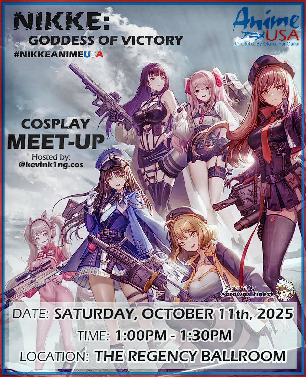 Crowns_Finest's tweet photo. Our very own @KevinK1ng1003  is hosting a NIKKE cosplay meet at AnimeUSA this weekend! Stop by for free prints and a merch raffle!

- DATE: 10/11/2025 
- WHEN: SATURDAY, October 11th, 2025 
- LOCATION: Hyatt Regency Crystal City in Arlington, Virginia, at 2799 Richmond Highway, Arlington, VA 22202 
- ROOM LOCATION: The Regency Ballroom   

#NIKKE #NIKKEAnimeUSA #animeUSA2025 #NIKKEcosplay #NikkeGoddessofVictory #Cosplay #cosplayer @NIKKE_en