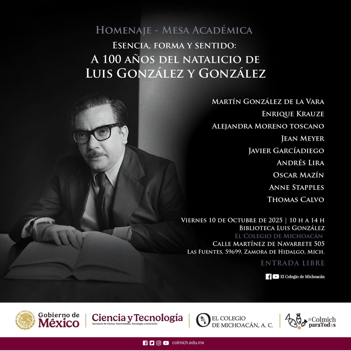 🐟#AgendaColmich | Homenaje-Mesa Académica
📅 Viernes 10 de octubre | 10 h a 14 h
👉Biblioteca Luis González | Zamora
ENTRADA LIBRE
#Colmich
#ColmichParaTodxs
#bibliotecaluisgonzalez #Zamora