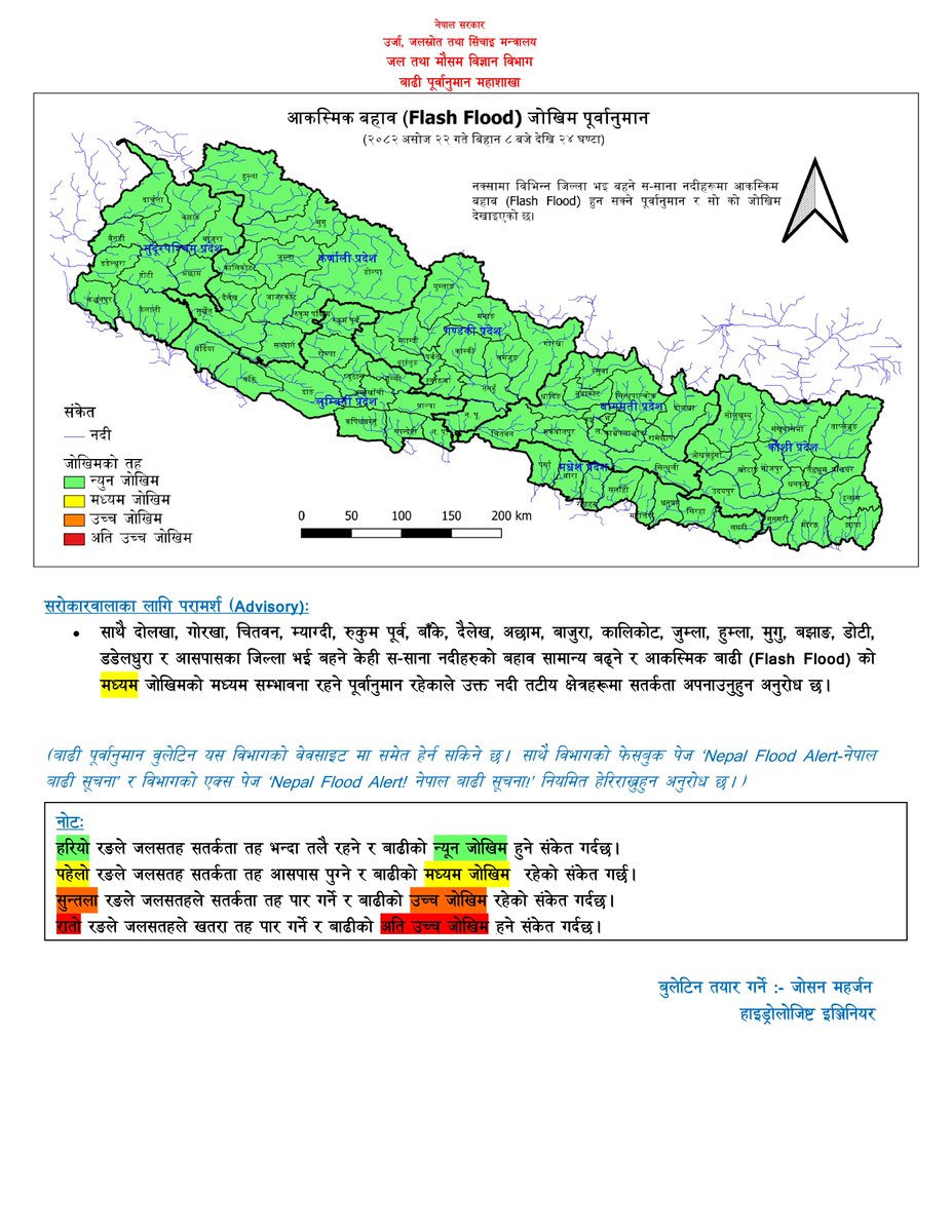 असोज २२,
आज बिहानको मापन अनुसार कोशी, नारायणी, बागमती, कर्णाली, महाकाली र यिनका सहायक नदीहरू तथा कन्काई, कमला, पूर्वी राप्ती, बबई र पश्‍चिम राप्ती नदीको बहाव सतर्कता तह भन्दा तल रहेको छ ।