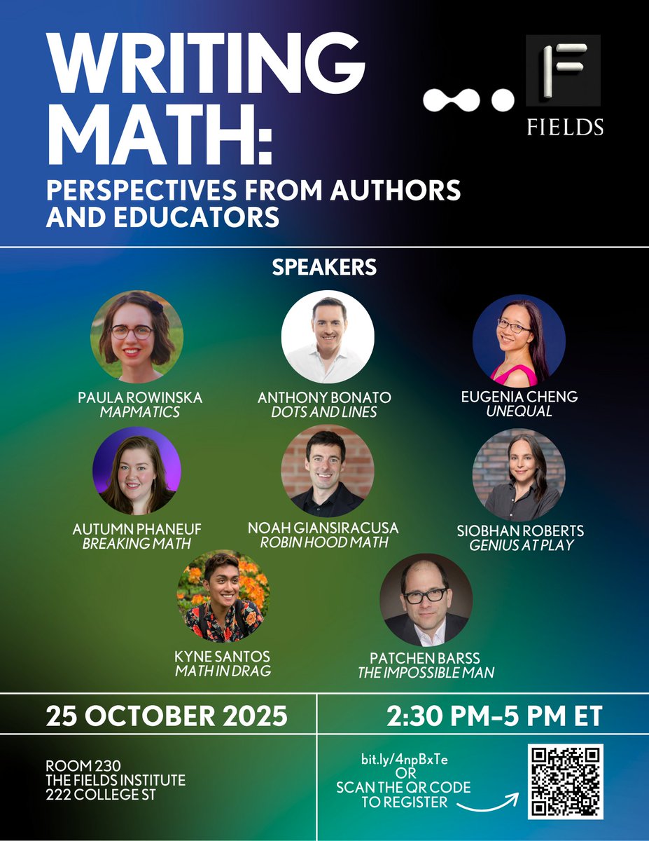 I’ve worn many hats—operations &amp; an editor at Des Femmes Magazine, professor, founder of 2 media companies, and host of <a href="/breakingmathpod/">Breaking Math</a> where I interview brilliant minds.

I’m proud to share: WRITING MATH 
Oct 25 | Hybrid <a href="/FieldsInstitute/">The Fields Institute</a> 

Register here: shorturl.at/8NnDK