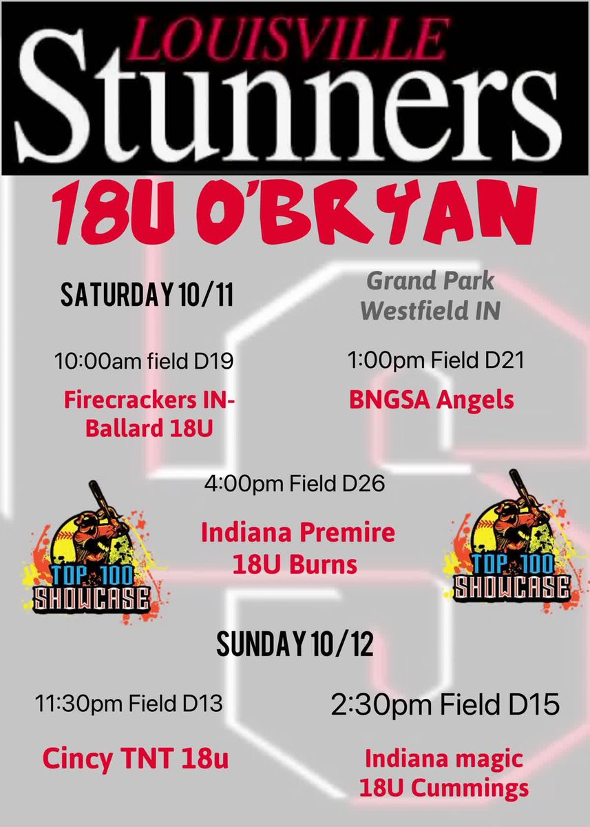 Here’s the schedule this weekend at the top 100 showcase. Come watch! <a href="/LStunnersOBryan/">Louisville Stunners - 18U / O’Bryan</a>