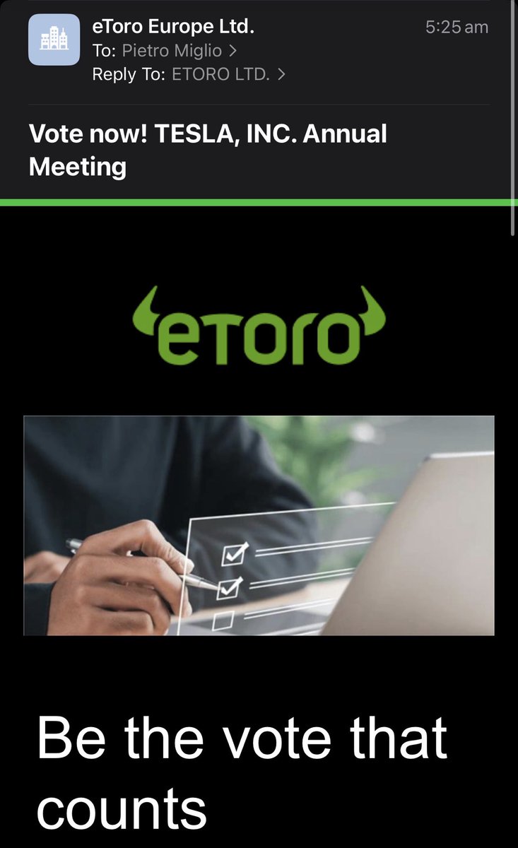 MPiesan's tweet photo. Everyone holding $TSLA shares on Etoro Australia is now able to cast their vote for the upcoming annual meeting

Check your email inbox and follow the prompts, pretty straightforward https://t.co/2oUvORTi0R