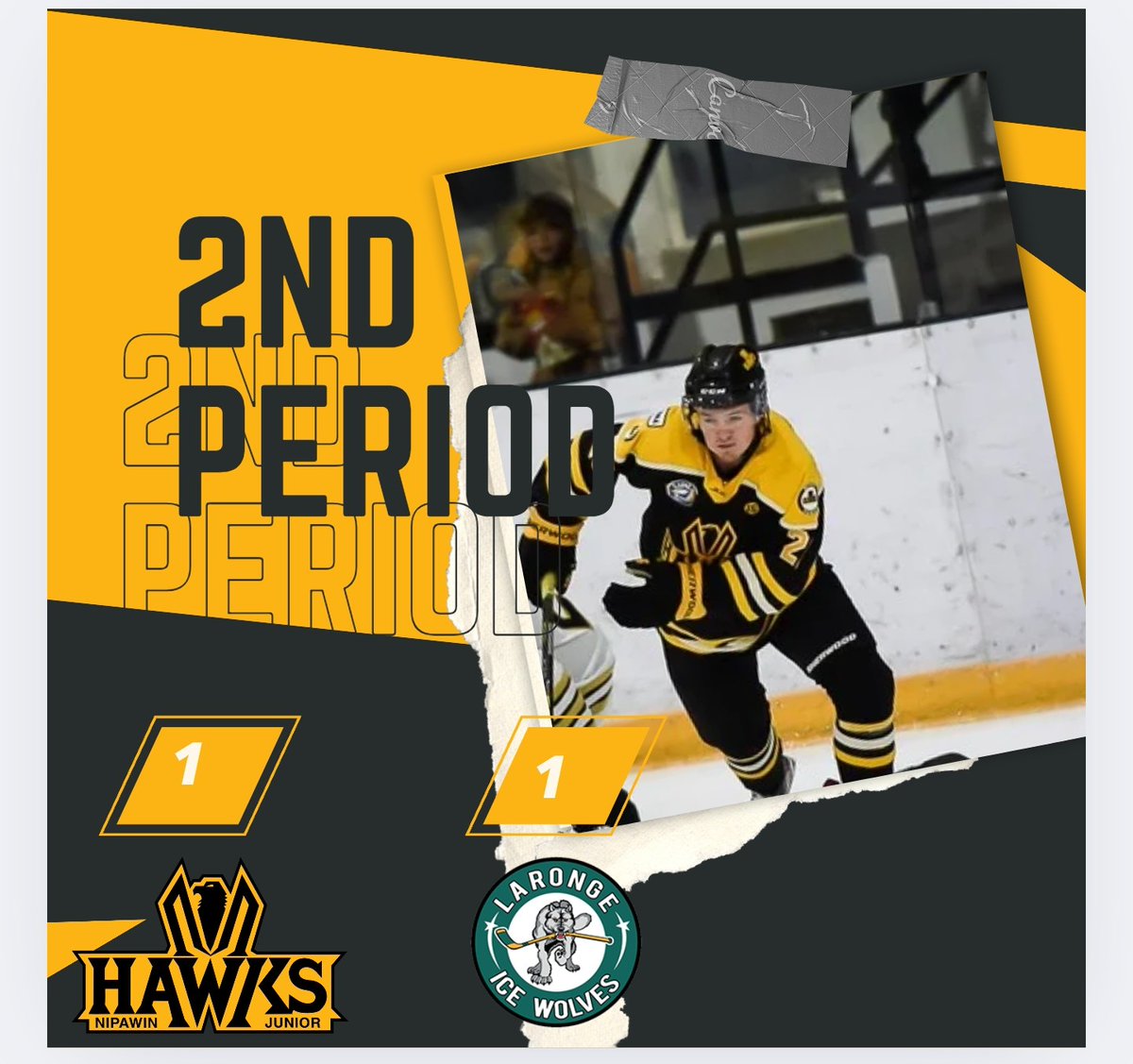 SJHL_Hawks's tweet photo. Hey Hawks fans! 🦅
We’re all tied up 1–1 after two!
📊 Shots on Goal: Hawks 22 – Ice Wolves 23

Let’s take back the lead in the third! #HawkYeah #FillTheCage #HawksHockey https://t.co/Z7w2PSUUxU