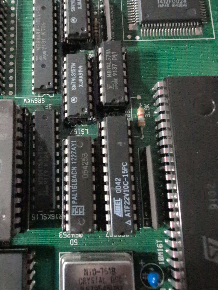 pr4m0d's tweet photo. Thanks to @brandonarnold on our team for helping fix my TMNT2 board that just went broke as we were making the core initially in April. For learning, posting the diagnosis and fix here:

1) Board presented symptom of watchdog trigger with gray screen. Unknown cause as board looked clean and no visible damage on either side.

2) With a logic probe, DTACK and other pins checked on the 68k. DTACK held low continuously, address bus floating for most pins.

3) I know from making the core that the 53997 controls the DTACK and decoding/ bus selection on the 68K. In the first image, the 53997 is the PAL on the right, the one on the left is another PAL, used to do the same thing for sound and the Z80 bus.

4) Logic probe on the 53997 indicated that there was no VCC on pin 24. however, on the neighboring PAL, the last pin had VCC. The nearby capacitor C1 was verified.

5) Looking at the back of the board under the microscope found that the VCC on the 53997 was not actually on the pad. Seems like a cold solder situation and the pad got lifted. This was an original socket soldered on in the conversion process.

6) Bridged VCC to neighboring PAL to fix the issue.

7) TURTLES ONCE AGAIN WORKING perfectly!

I am also happy to report that the original hardware glitches observed on the board are in our core too. :). It is amazing what you can do with experienced folks on the team and amazing work from Furrtek with his decaps and information!

We will further refine the audio from here and look for any loose ends to improve the core in another cycle. Thanks again @brandonarnold for helping fix the board, and the rest of the team and Furrtek.

Of course, don't forget to check out our FREE core here for the pocket and MiSTer.
https://t.co/ZJZvHehqIs

#CoinOpCollection