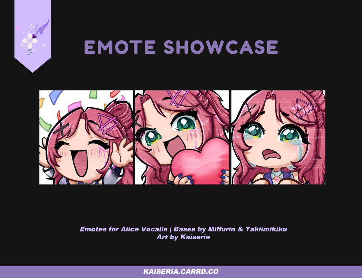 Kaixseria's tweet photo. I've completed another 3 batch of emotes with bases made by #miffurin and #takiimikiku, also for Alice Vocalis!  💜 Thank you so much to everyone for showing such love to the first batch!

#VGenComm #VGenOpen https://t.co/qSOvWXWFmB