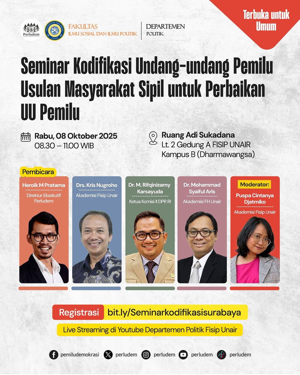 perludem's tweet image. Seminar Kodifikasi Undang-Undang Pemilu Usulan Masyarakat Sipil untuk Perbaikan UU Pemilu

Streaming di sini: youtube.com/watch?v=6nY4PC…