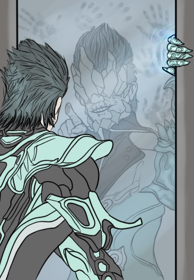 ConfusedFrame's tweet photo. 'Sometimes i look into the mirror and only just see my reflection grinning back at me with hollow exuberance. Other times we are not alone.' My drifter encountering his other self. #Warframe #warframeart #tennocreate #drifterOC https://t.co/mHG3S1bU4x