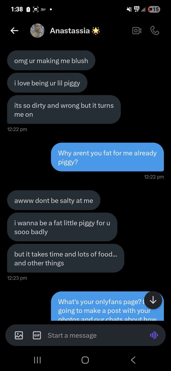 DaveSmithing's tweet photo. This is me talking to the OnlyFans model Anastasia Fox (@anastasiafoxo on OF). This is not a bot or AI, this is the real her talking to me. OnlyFans doesnt allow people who use chatbots, so its definitely her. Anyway here's her saying she loves eating poo and being called piggy https://t.co/FrA4EMtkOB