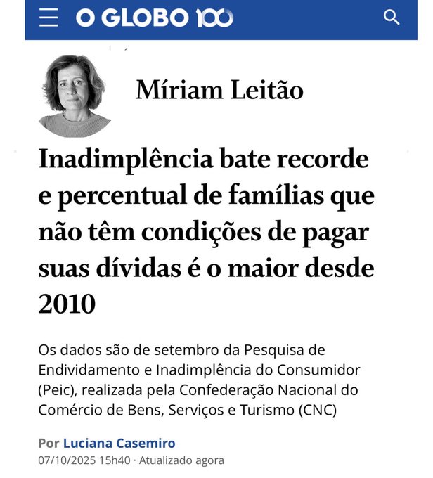 Screenshot of an O Globo news article webpage featuring a photo of journalist Miriam Leitao, a woman with short dark hair wearing a light blue top, smiling against a blue background. The headline reads Inadimplencia bate recorde e percentual de familias que nao tem condicoes de pagar suas dividas e maior desde 2010. Body text discusses September data from the Consumer Default and Indebtedness Survey by the National Confederation of Commerce of Goods, Services and Tourism (CNC), authored by Luciana Casemiro, dated 07/10/2025 at 15h40, updated now. Navigation elements include search bar and Globo logo.