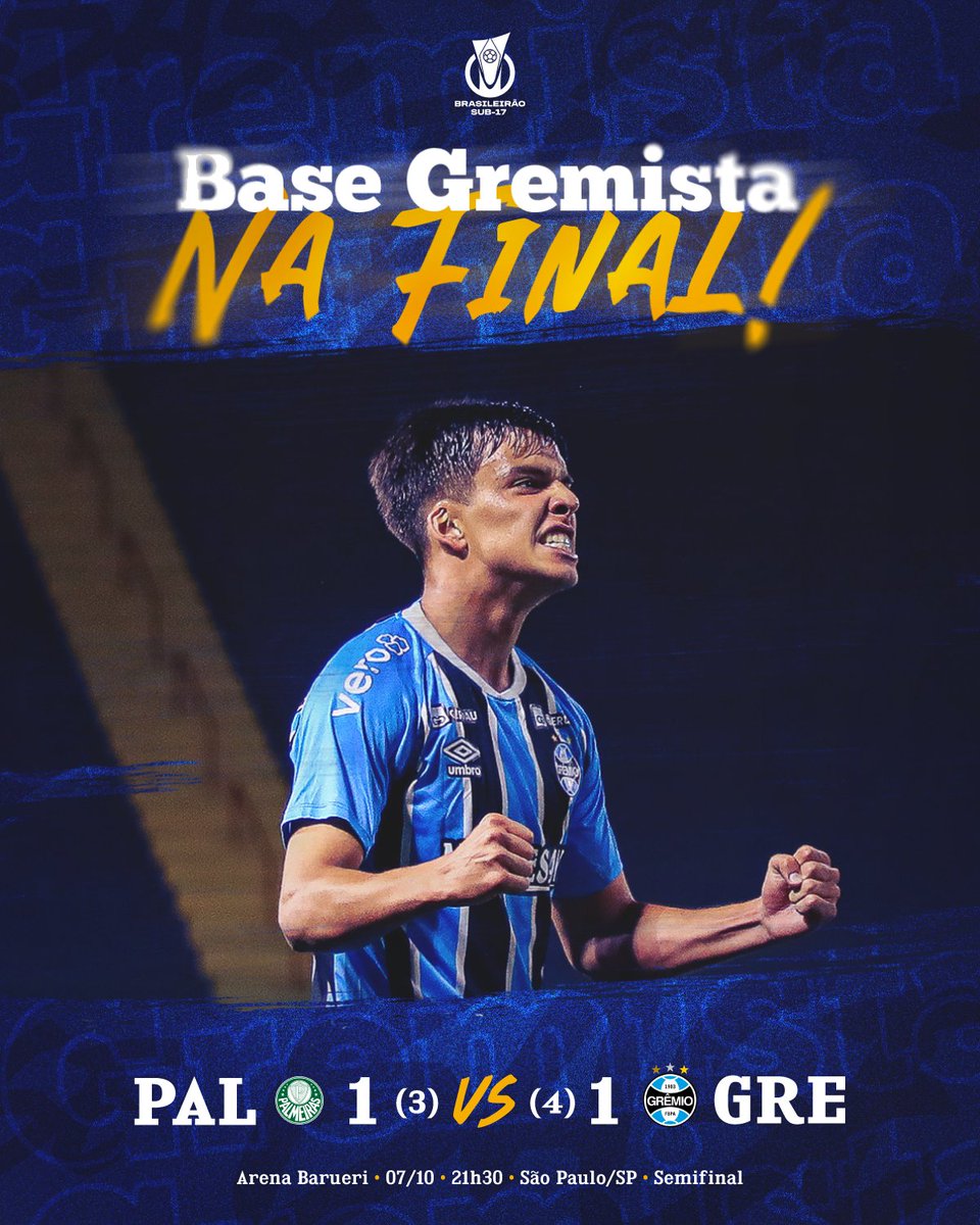 AGORA É FINAL! 🇪🇪 Palmeiras 1 (3) x (4) 1 #Grêmio
A força do Tricolor vem desde a base! Foi com emoção, mas deu #BaseGremista de novo. Vitória nos pênaltis contra o Palmeiras e vaga garantida para a grande decisão do #BrasileirãoSub17. QUEREMOS A TAÇA, GURIZADA! 🇪🇪💪🏽