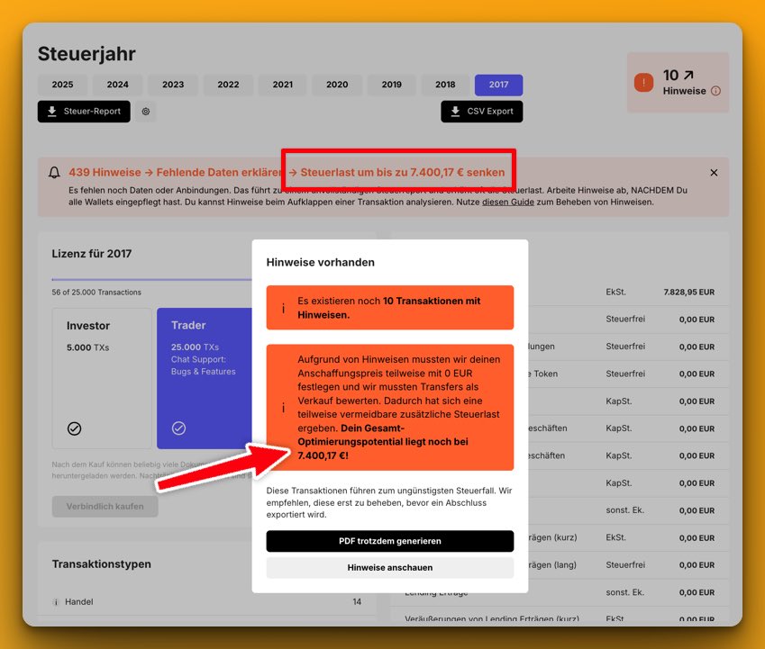 ✅ Neues chain.report Feature:

Seht auf dem Dashboard, wie viel ihr durch Hinweis-Bearbeitung im Optimalfall steuerlich spart! 💸 

Das Einsparpotenzial hängt von den Anschaffungen ab. 

Anderswo? Oft 3x teurer + Premium-Abo. 😎 Hier ab 59 €! chain.report