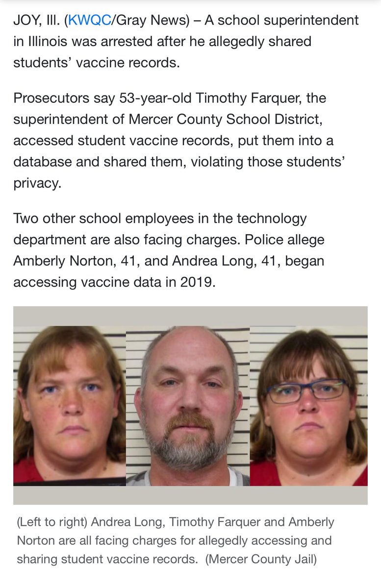 Awake_IL's tweet image. 🚨Superintendent, district employees at Illinois Mercer County School District charged with illegally accessing student vaccine records and sharing them.
📁Student medical records are protected under Illinois privacy laws and federal laws that protect student information.