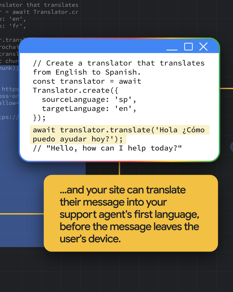 ChromiumDev's tweet image. User speaking one language 🤝 agent speaking a different language.
This is possible with the Translator API. Power your support chat so users can write in their first language while your site translates it for your agent.
Enhance your chat experience → goo.gle/3Ik3Vab