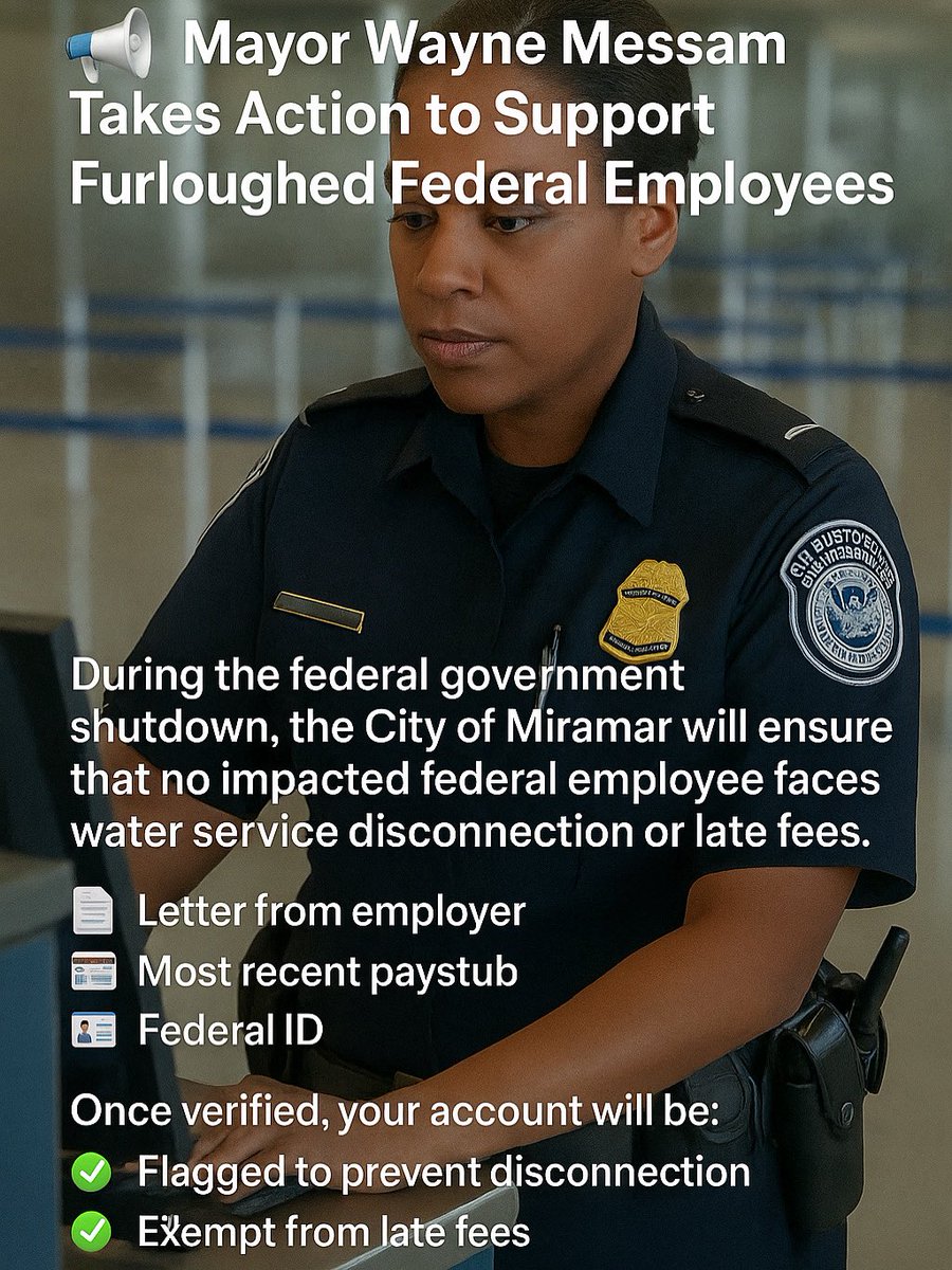 💧 Mayor Wayne Messam announces support for furloughed federal workers in Miramar.

No water shutoffs. No late fees. Flexible payment options.

Because in Miramar, we take care of our own. 💙
#MiramarCares #MayorMessam #CityOfMiramar