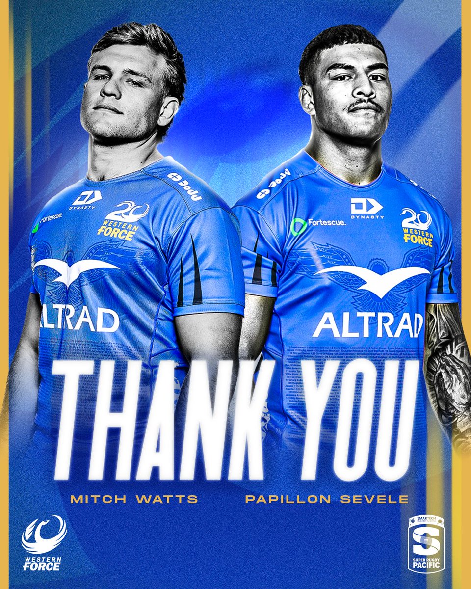 westernforce's tweet photo. The Force thanks Mitch Watts & Papillon Sevele for their service to the Club, with the pair departing following the conclusion of Super Rugby AUS 💙
Full story ⤵️⤵️
https://t.co/PQ9HP1Fwna
#ForeverForce https://t.co/grOxCC4XwO