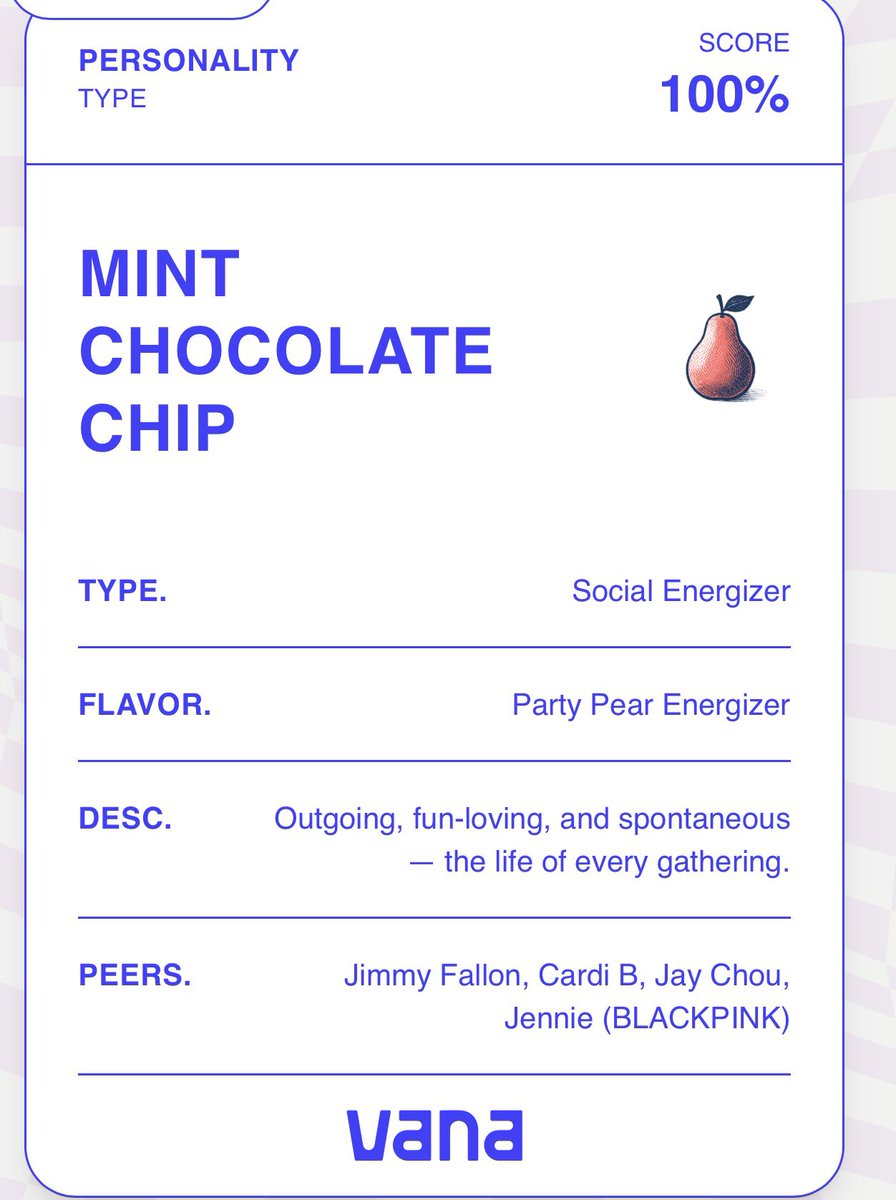 phoebeaustria's tweet photo. If I was an Ice Cream Flavour, I'd be Mint Chocolate Chip, Outgoing, fun-loving, and spontaneous — the life of every gathering..
Taste your data: https://t.co/NfbadFI8sM #datarevolution @vana https://t.co/CXdBAUQsa3