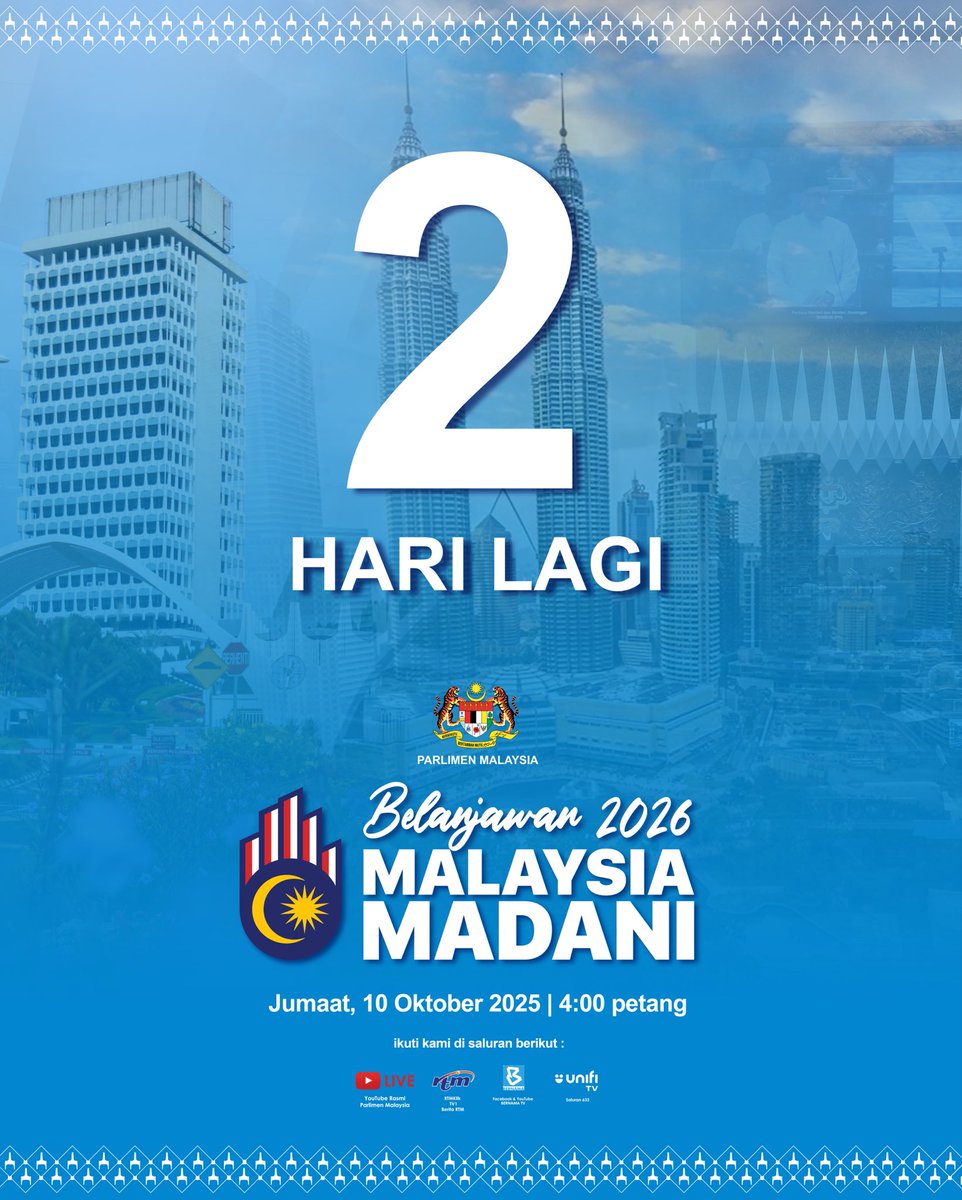 Parlimen Malaysia (@myparlimen) on Twitter photo 2 Hari Lagi
Detik penting menentukan arah kemajuan ekonomi, masa depan rakyat dan negara. Pembentangan yang menjadi denyut nadi rakyat serta kesejahteraan negara.
Strim langsung melalui YouTube Rasmi Parlimem Malaysia.
Bahagian Komunikasi Korporat
Parlimen Malaysia 2 Hari Lagi
Detik penting menentukan arah kemajuan ekonomi, masa depan rakyat dan negara. Pembentangan yang menjadi denyut nadi rakyat serta kesejahteraan negara.
Strim langsung melalui YouTube Rasmi Parlimem Malaysia.
Bahagian Komunikasi Korporat
Parlimen Malaysia